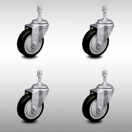 Service Caster 4 Inch SS Black Polyurethane Wheel Swivel 3/8 Inch Threaded Stem Caster Set SCC SCC-SSTS20S414-PPUB-BLK-381615-4